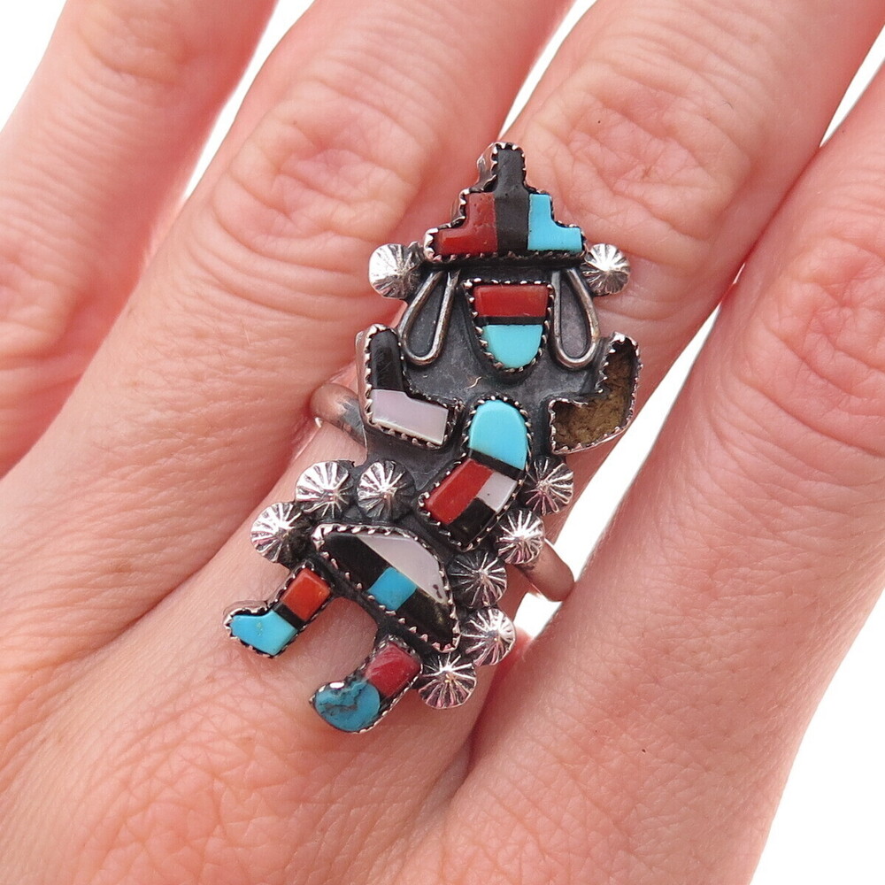 Old Pawn 925 Sterling Vintage Multi-Gem Kachina Ring Size 6.25 (missing stone)